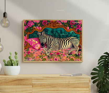 Sleeping Zebra Print - Zebra Bedroom - Maximalist Wall Art - Zebra Tiger Print - Vintage Wall Art - Grandmillenial Style