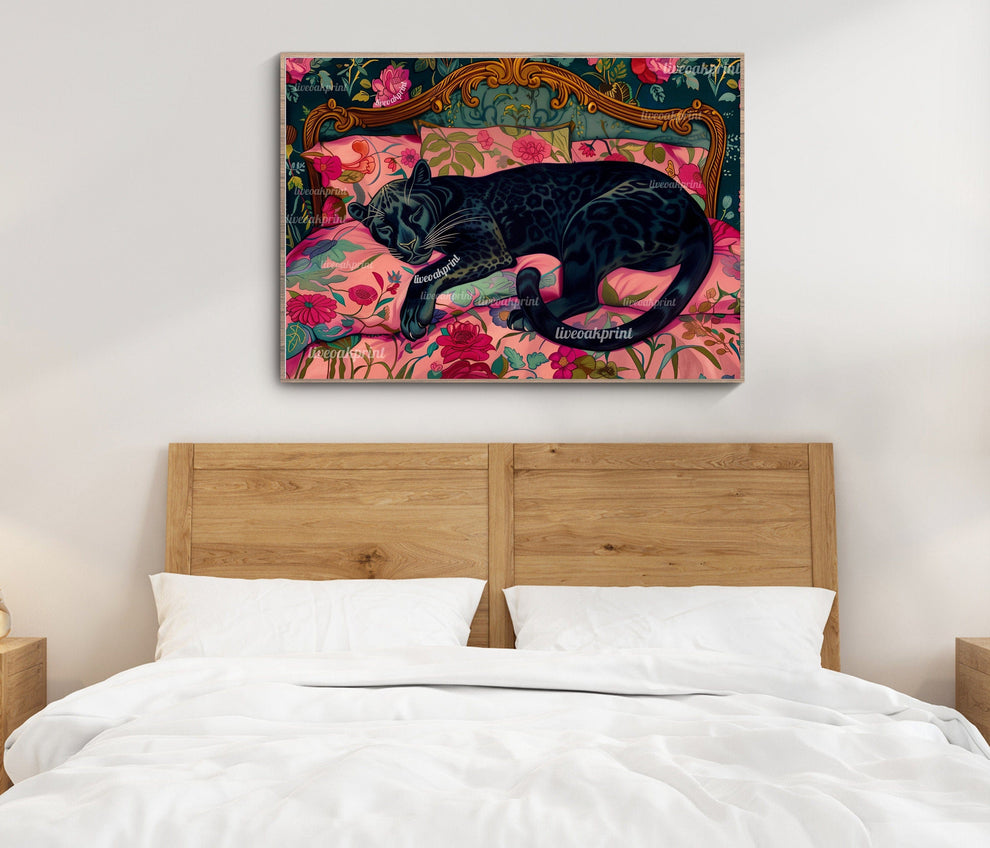 Sleepy Black Panther In a Vintage Bed