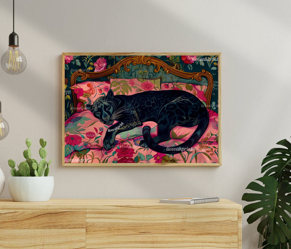 Sleepy Black Panther In a Vintage Bed