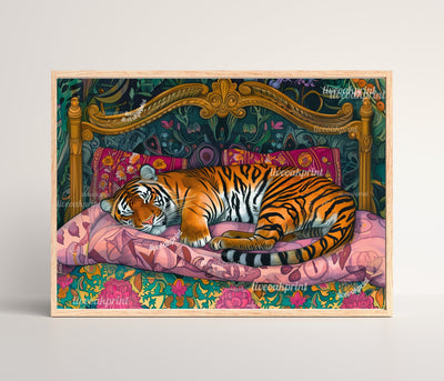 Sleepy Tiger in a Vintage Bed