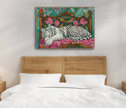 Sleepy White Tiger in a Vintage Bed