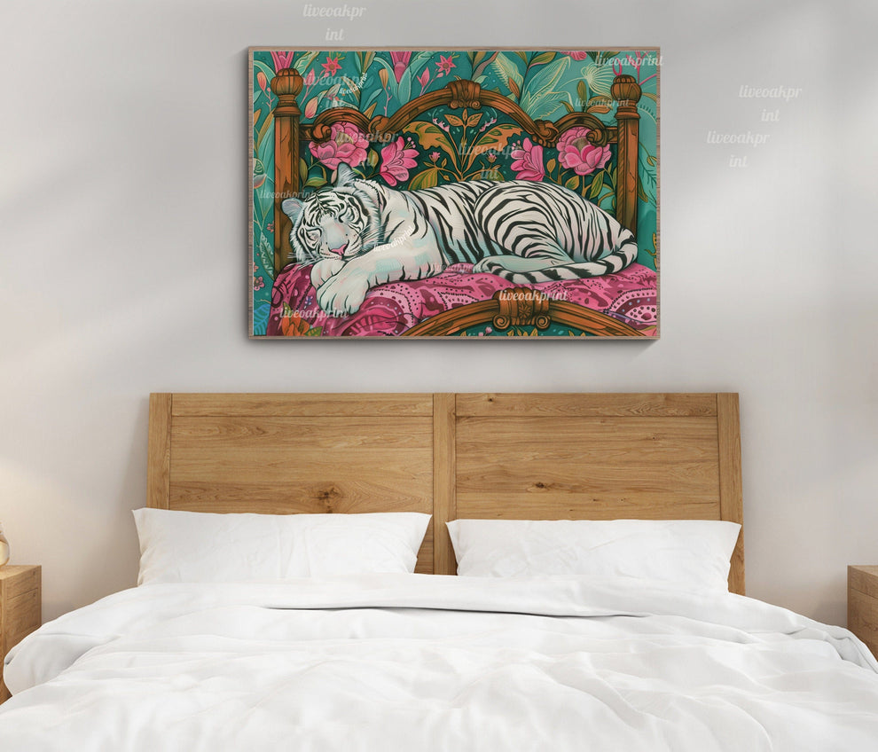 Sleepy White Tiger in a Vintage Bed