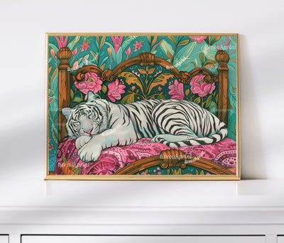 Sleepy White Tiger in a Vintage Bed