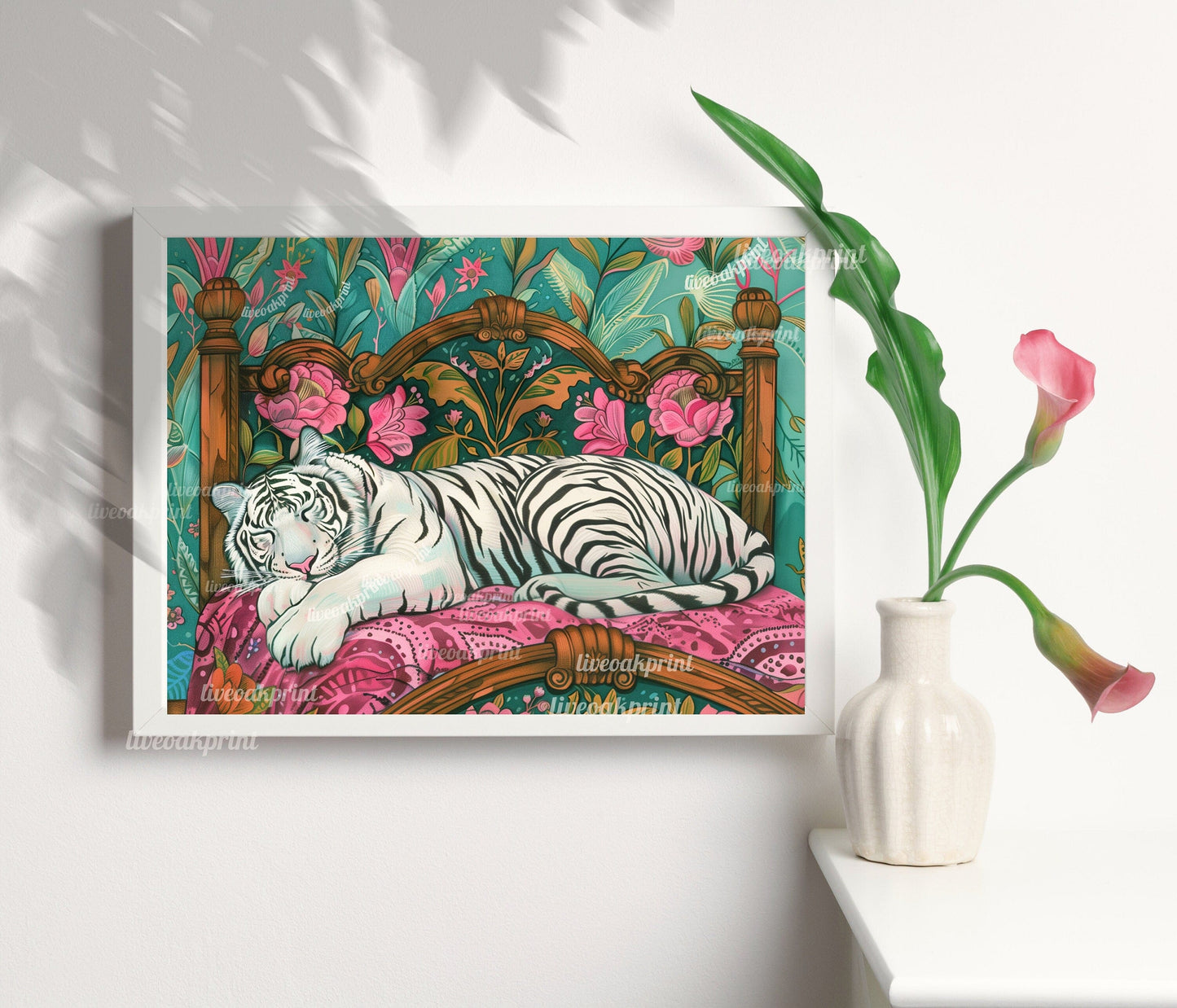 Sleepy White Tiger in a Vintage Bed