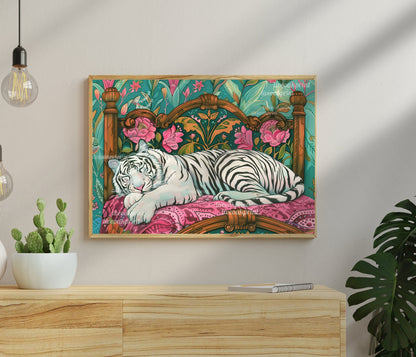 Sleepy White Tiger in a Vintage Bed