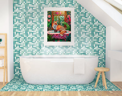 Fox in a Bathtub Print - Fox Bathroom Print - Fox Wall Art - Maximalist Bathroom Print - Maximalist Fox Print - Eclectic Bathroom Deco