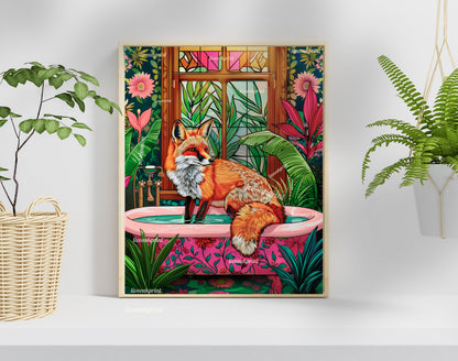 Fox in a Bathtub Print - Fox Bathroom Print - Fox Wall Art - Maximalist Bathroom Print - Maximalist Fox Print - Eclectic Bathroom Deco