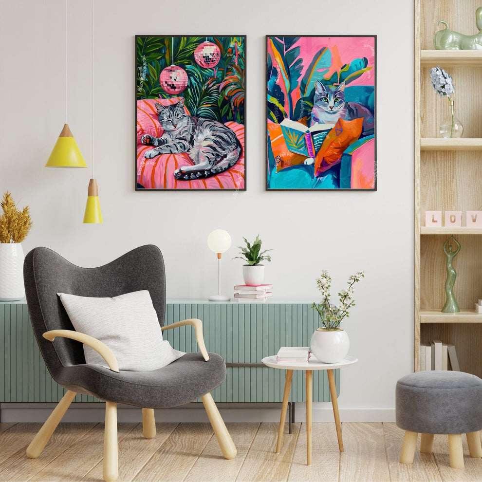 Cozy Gray Tabby Cat Print – Disco Ball Wall Art – Boho Cat Poster – Green Pink Bedroom Decor – Eclectic Discocore Aesthetic Gray Cat