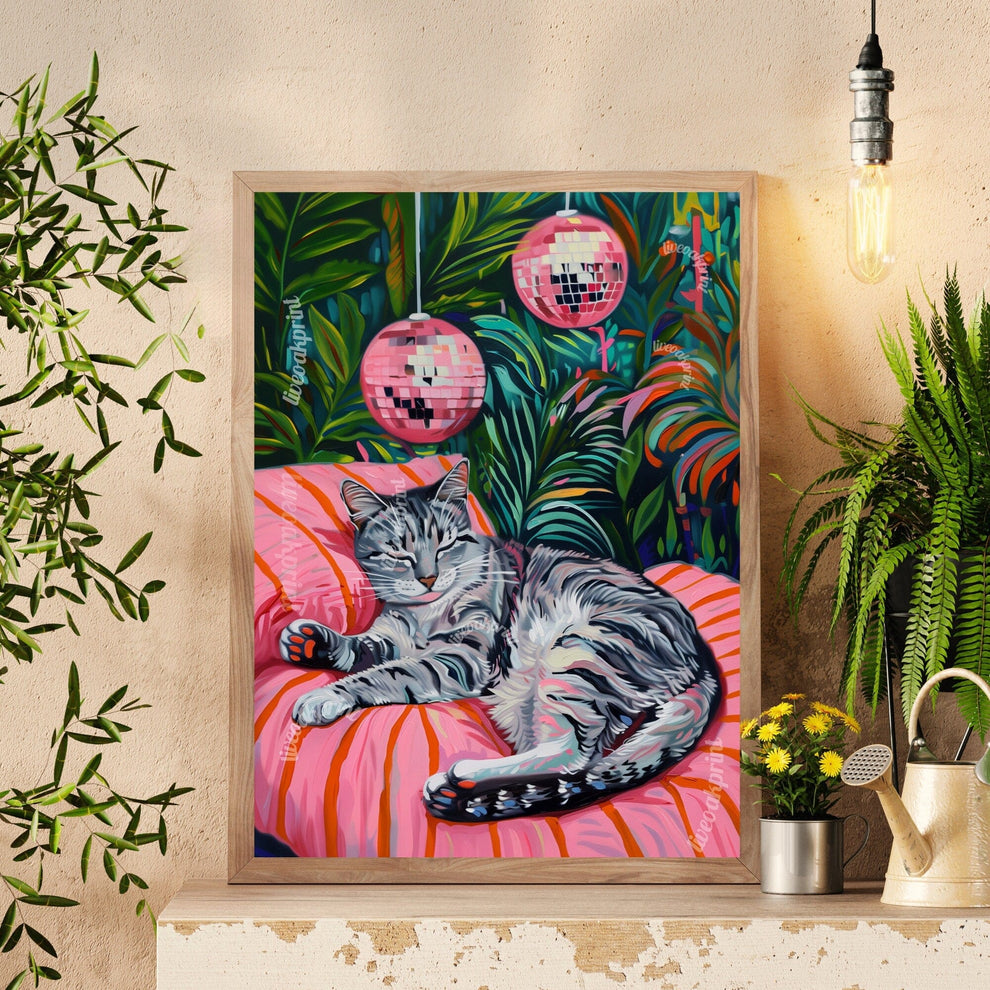 Cozy Gray Tabby Cat Print – Disco Ball Wall Art – Boho Cat Poster – Green Pink Bedroom Decor – Eclectic Discocore Aesthetic Gray Cat