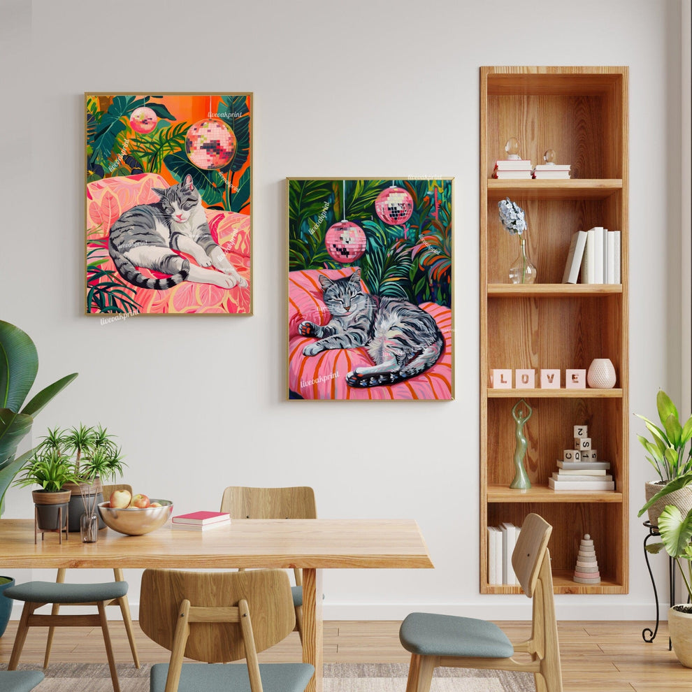 Cozy Gray Tabby Cat Print – Disco Ball Wall Art – Boho Cat Poster – Green Pink Bedroom Decor – Eclectic Discocore Aesthetic Gray Cat