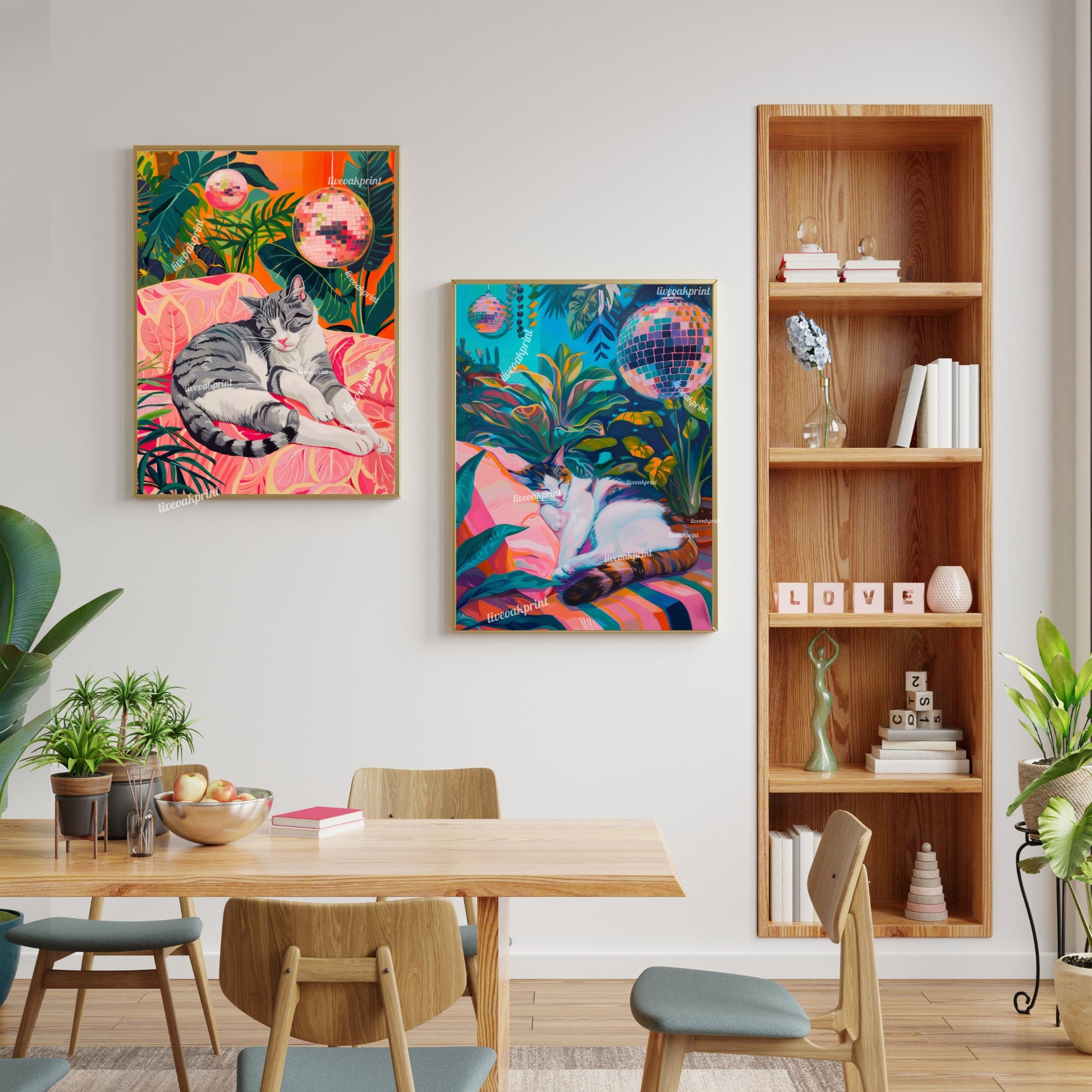 Cozy Disco Gray and White Cat - Disco Cat - Gray Striped Cat Print - Disco Ball Cat Print - Boho Wall Art- Eclectic Bedroom Art -