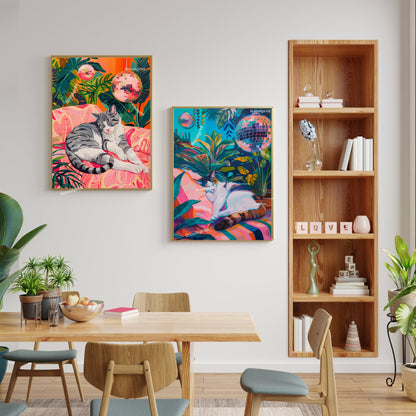 Cozy Disco Gray and White Cat - Disco Cat - Gray Striped Cat Print - Disco Ball Cat Print - Boho Wall Art- Eclectic Bedroom Art -