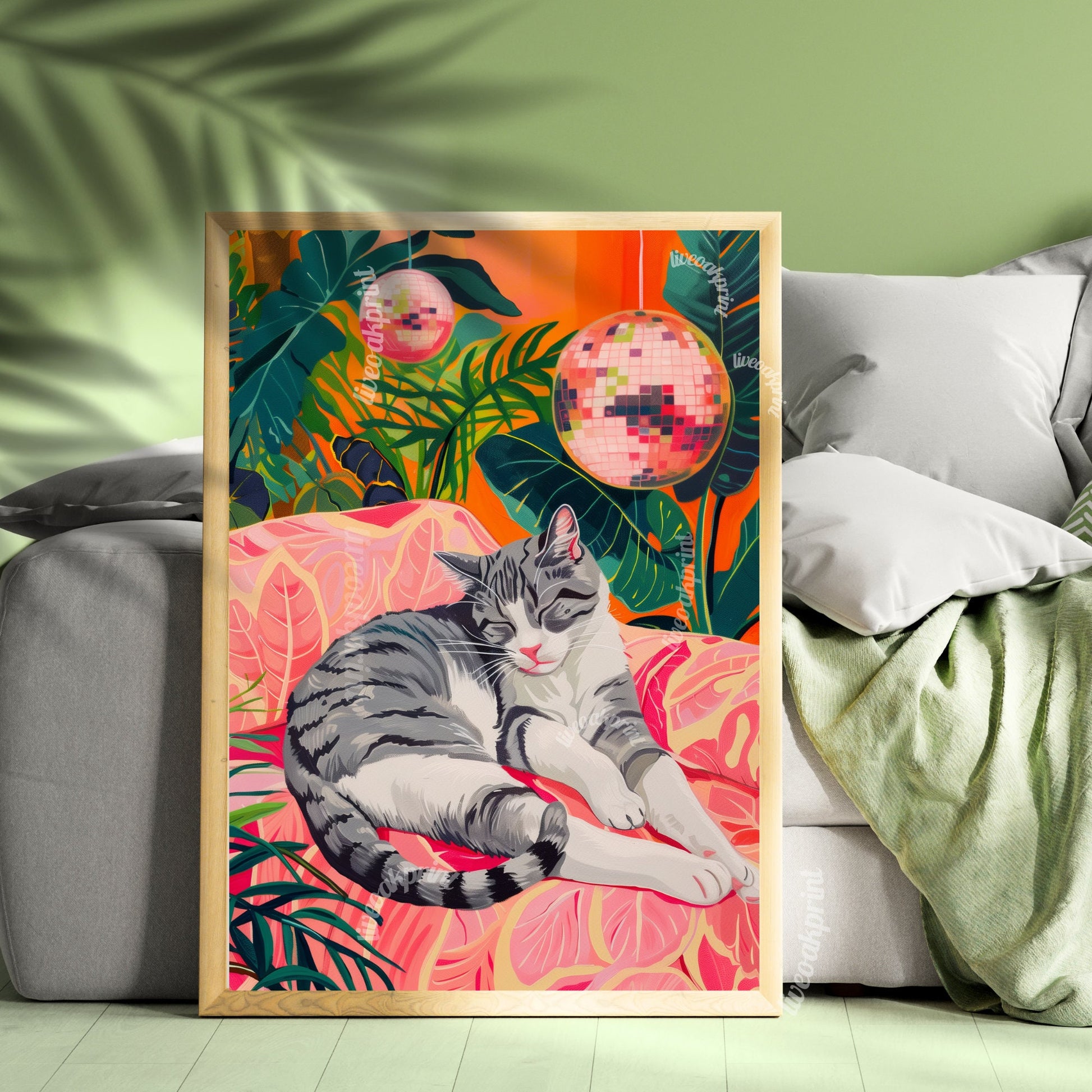 Cozy Disco Gray and White Cat - Disco Cat - Gray Striped Cat Print - Disco Ball Cat Print - Boho Wall Art- Eclectic Bedroom Art -