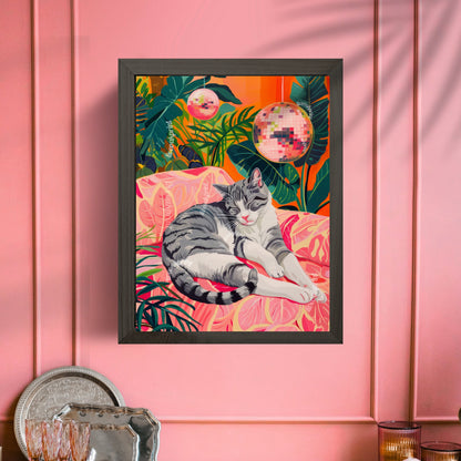 Cozy Disco Gray and White Cat - Disco Cat - Gray Striped Cat Print - Disco Ball Cat Print - Boho Wall Art- Eclectic Bedroom Art -