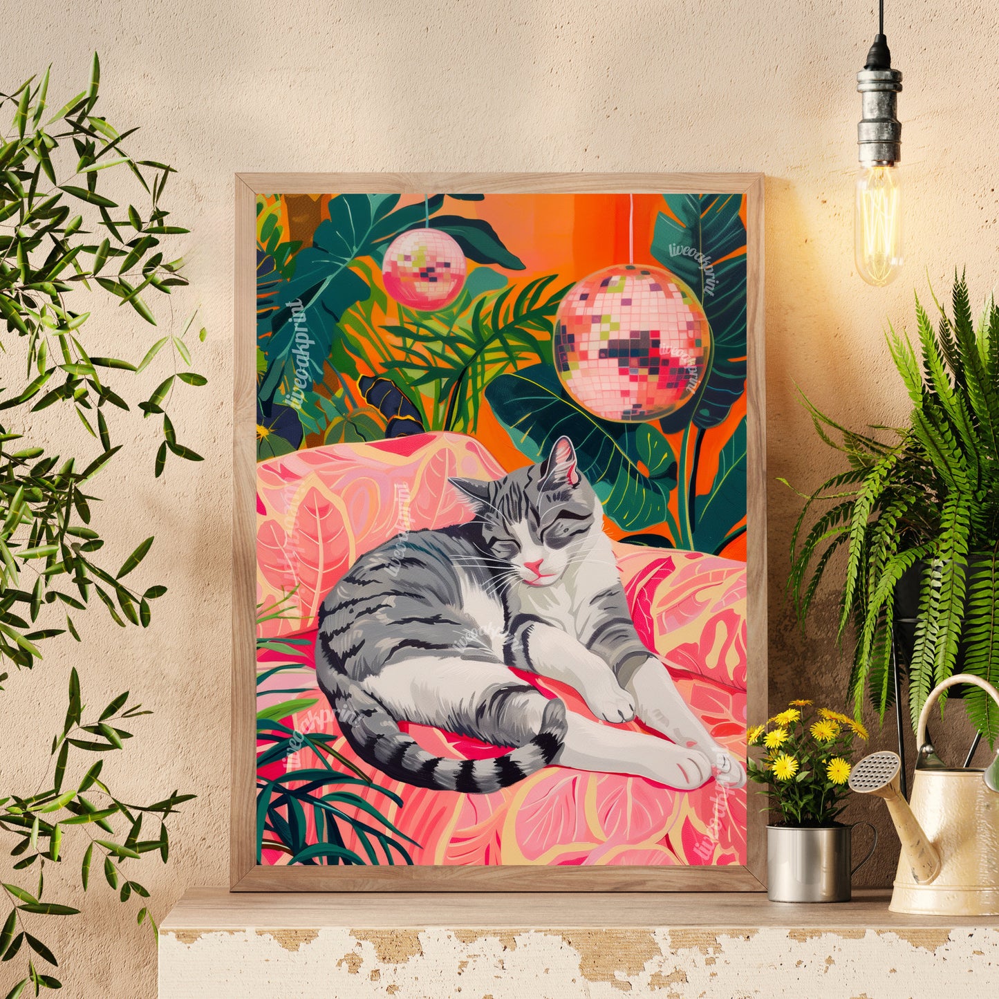 Cozy Disco Gray and White Cat - Disco Cat - Gray Striped Cat Print - Disco Ball Cat Print - Boho Wall Art- Eclectic Bedroom Art -