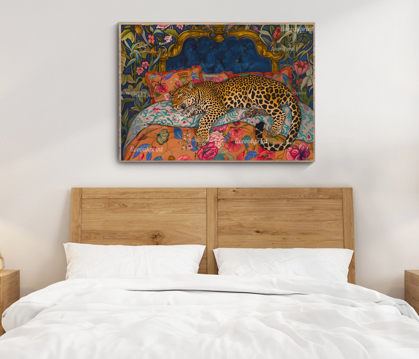 Blue & Terracotta Sleepy Leopard In a Vintage Bed