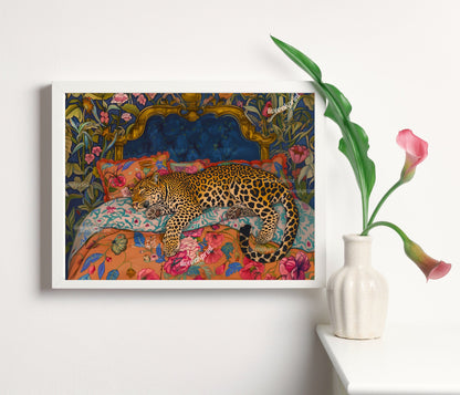 Blue & Terracotta Sleepy Leopard In a Vintage Bed