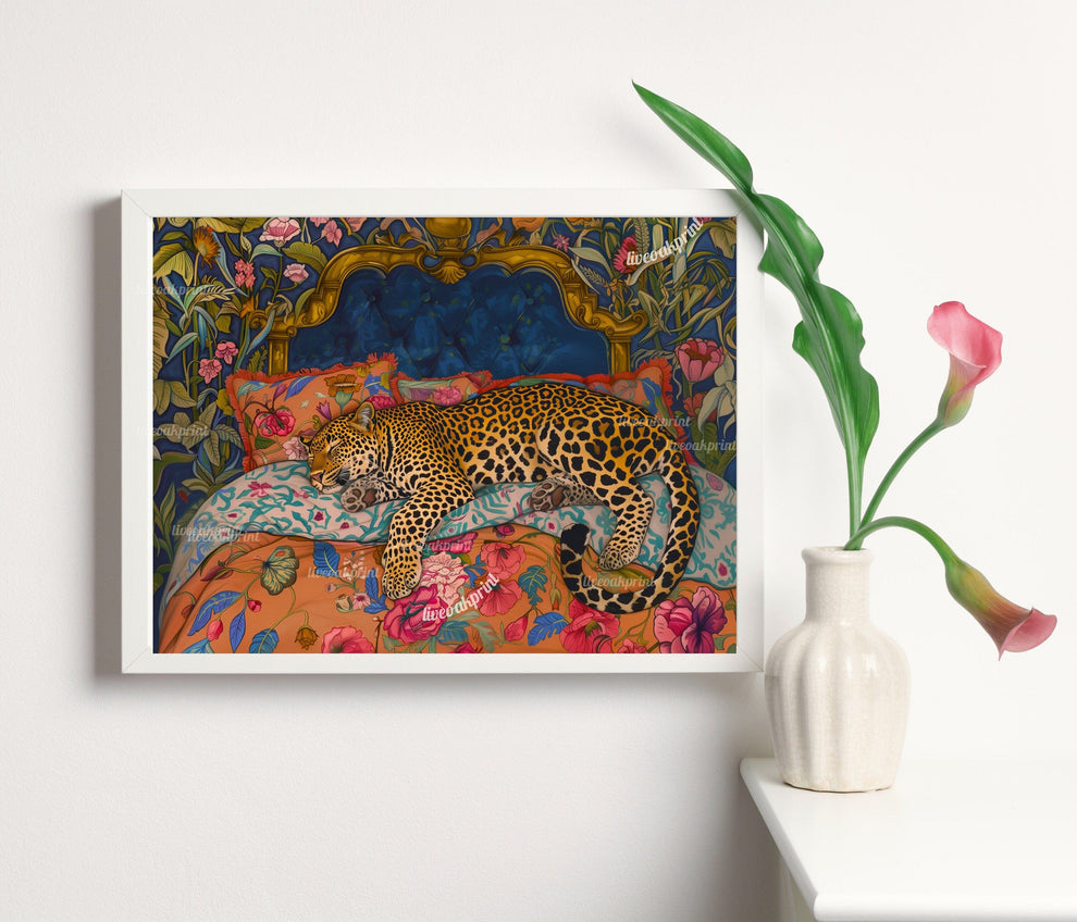 Blue & Terracotta Sleepy Leopard In a Vintage Bed
