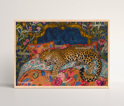 Blue & Terracotta Sleepy Leopard In a Vintage Bed