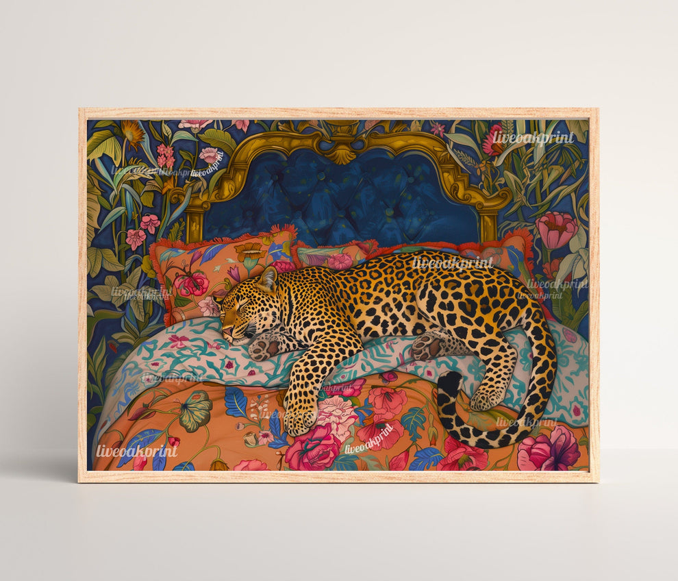 Blue & Terracotta Sleepy Leopard In a Vintage Bed