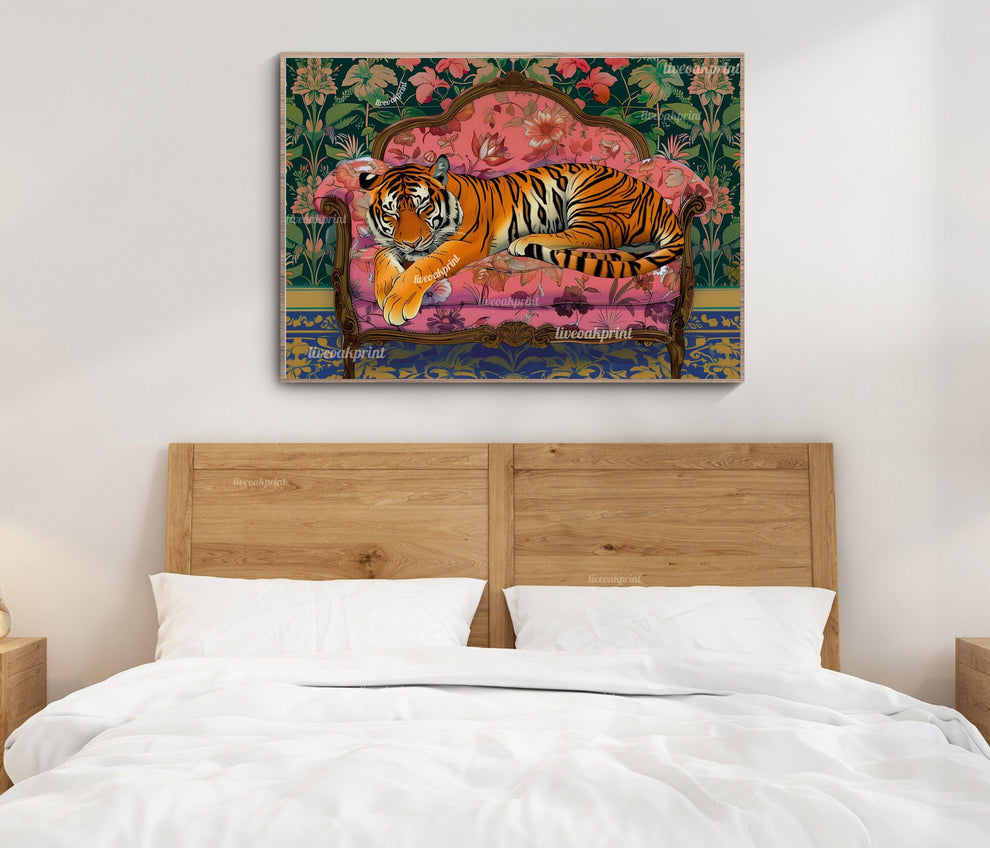 Sleepy Tiger on a Vintage Couch - Tiger Print - Maximalist Wall Art - Maximalist Tiger Print - Tiger Wall Art - Maximalist Tiger Art