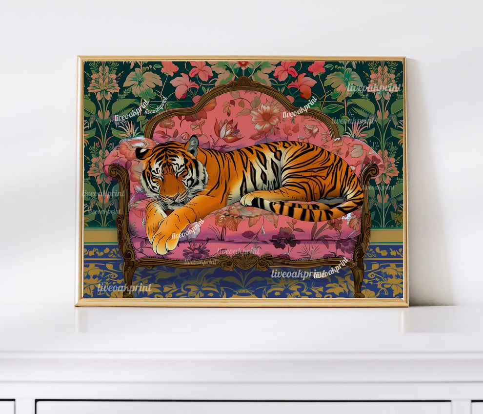 Sleepy Tiger on a Vintage Couch - Tiger Print - Maximalist Wall Art - Maximalist Tiger Print - Tiger Wall Art - Maximalist Tiger Art