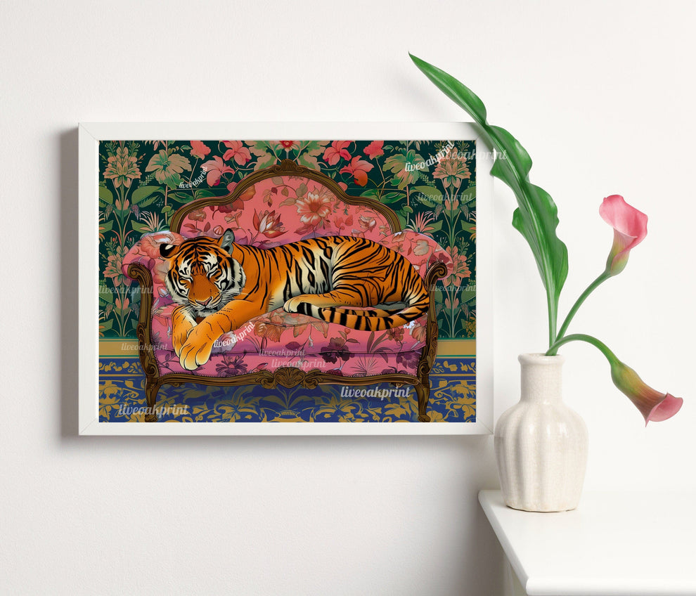 Sleepy Tiger on a Vintage Couch - Tiger Print - Maximalist Wall Art - Maximalist Tiger Print - Tiger Wall Art - Maximalist Tiger Art