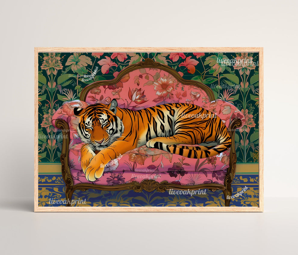 Sleepy Tiger on a Vintage Couch - Tiger Print - Maximalist Wall Art - Maximalist Tiger Print - Tiger Wall Art - Maximalist Tiger Art