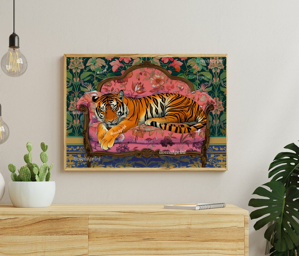 Sleepy Tiger on a Vintage Couch - Tiger Print - Maximalist Wall Art - Maximalist Tiger Print - Tiger Wall Art - Maximalist Tiger Art