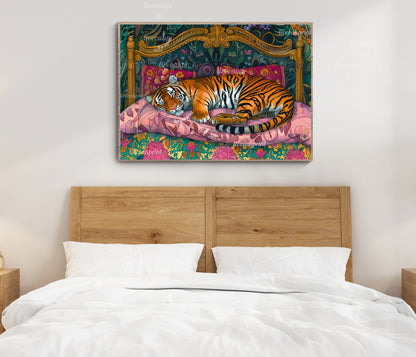 Sleepy Tiger in a Vintage Bed