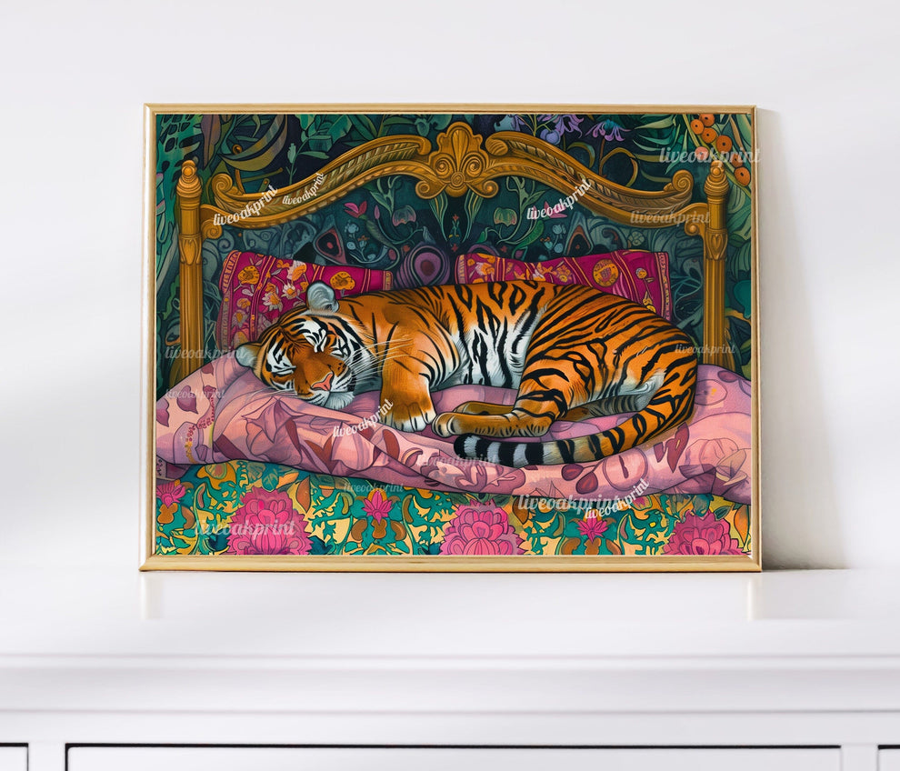 Sleepy Tiger in a Vintage Bed