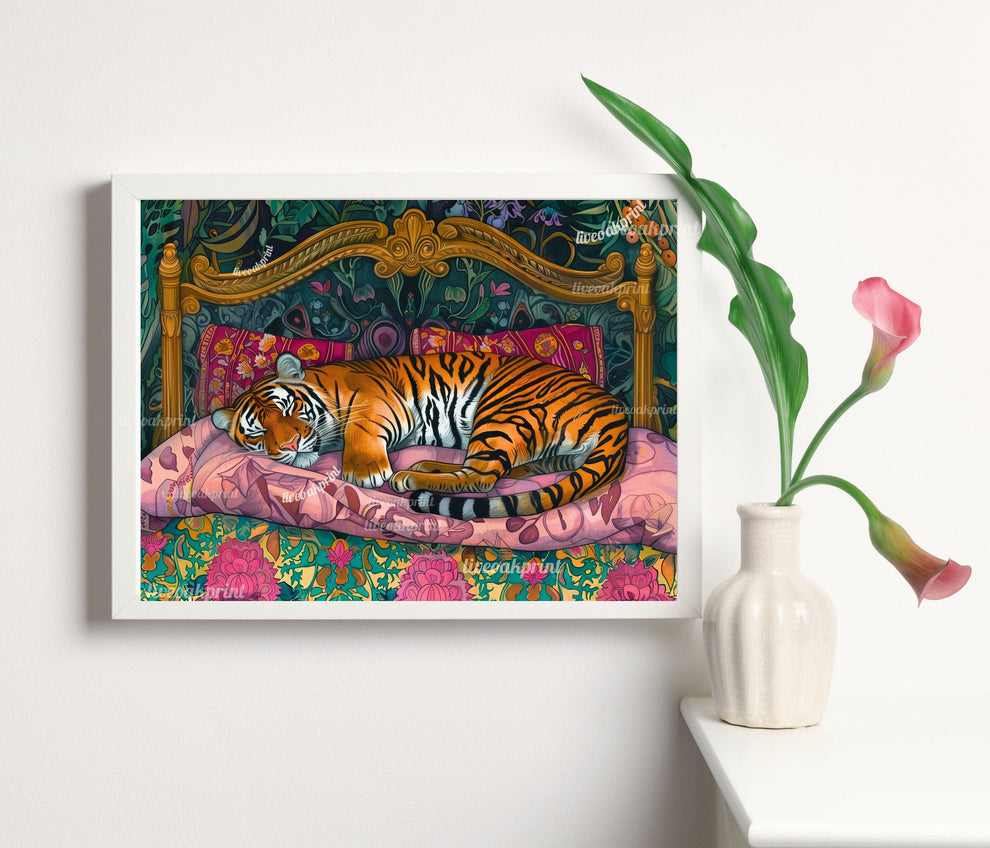 Sleepy Tiger in a Vintage Bed