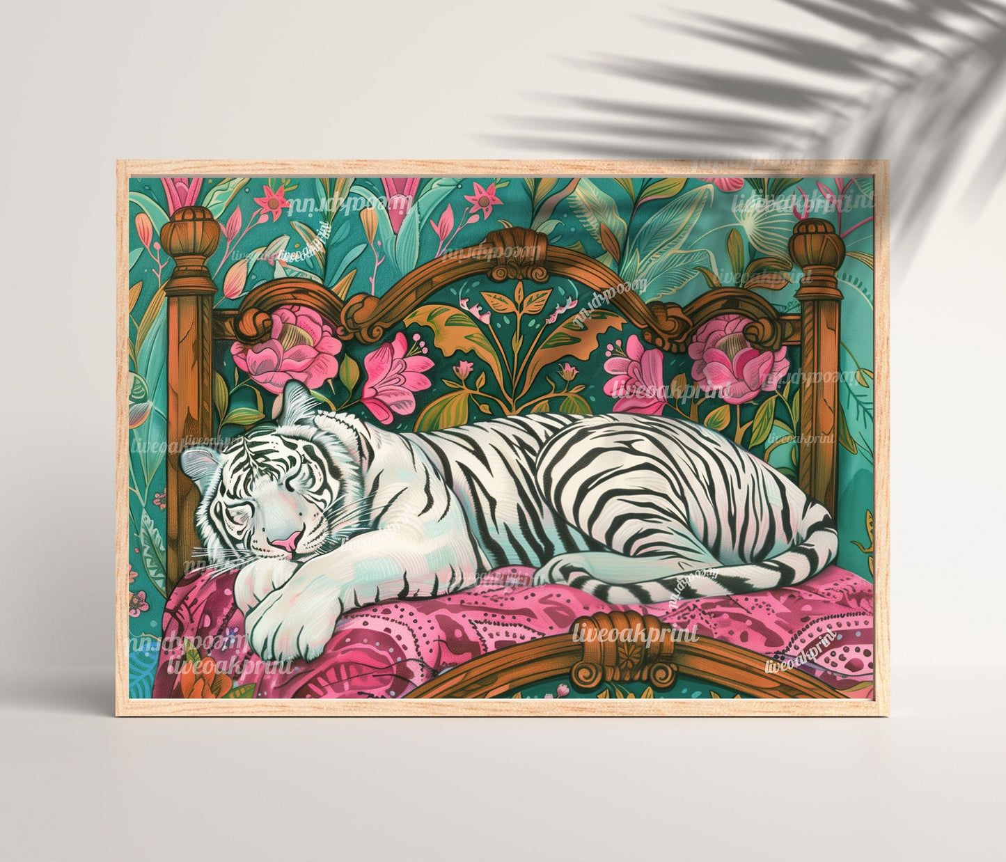 Sleepy White Tiger in a Vintage Bed