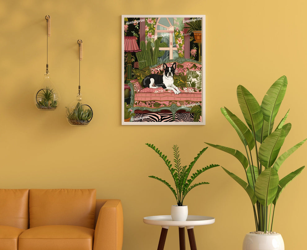 Boston Terrier Lounging on a Luxury Sofa