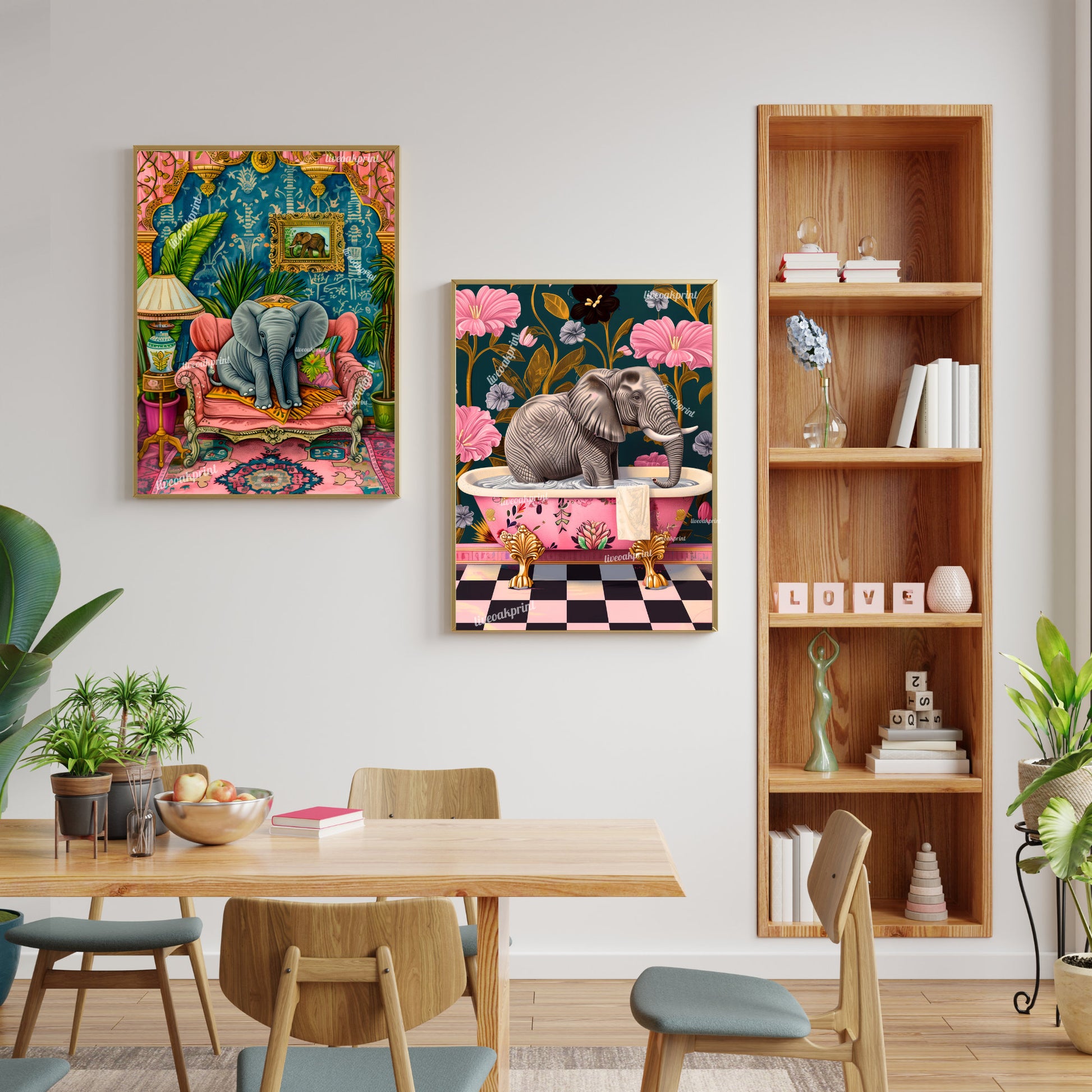 Baby Elephant on a Sofa Print - Elephant Print - Maximalist Living Room - Elephant Nursery - Pink Maximalist Print - Tropical Living Room