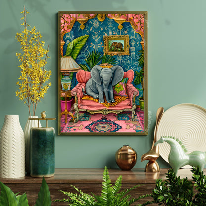 Baby Elephant on a Sofa Print - Elephant Print - Maximalist Living Room - Elephant Nursery - Pink Maximalist Print - Tropical Living Room