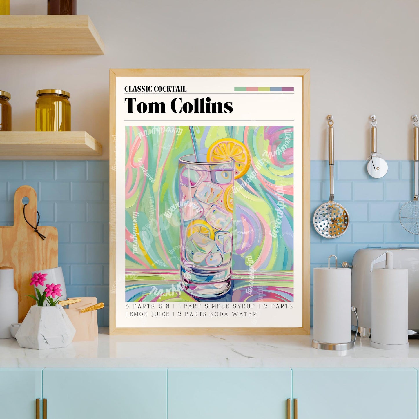 Tom Collins Print - Tom Collins Wall Art - Bar Cart Art - Classic Cocktail Prints - Tom Collins Wall Decor - Cocktail Print Set