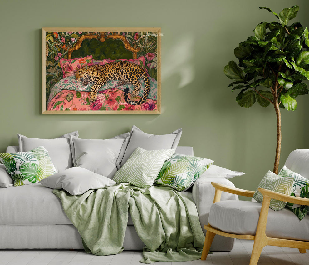 Olive Green Sleepy Leopard In a Vintage Bed