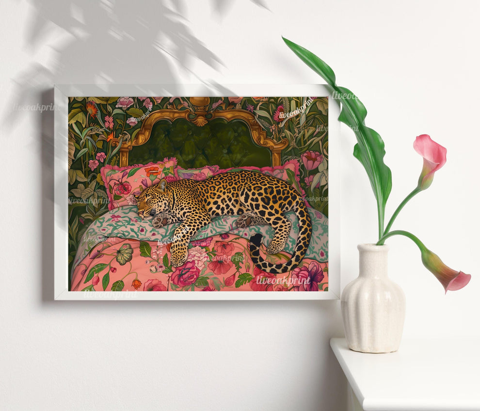 Olive Green Sleepy Leopard In a Vintage Bed