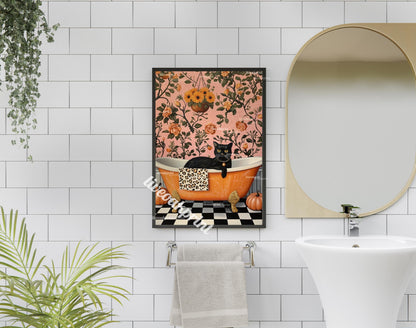 Black Cat In A Bathtub - Halloween Bathroom Art - Halloween Black Cat - Maximalist Halloween - Boho Halloween Decor - Pink Halloween