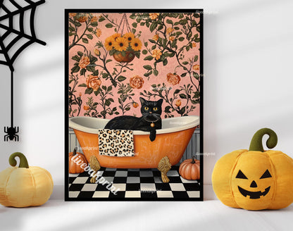 Black Cat In A Bathtub - Halloween Bathroom Art - Halloween Black Cat - Maximalist Halloween - Boho Halloween Decor - Pink Halloween