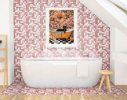 Black Cat In A Bathtub - Halloween Bathroom Art - Halloween Black Cat - Maximalist Halloween - Boho Halloween Decor - Pink Halloween