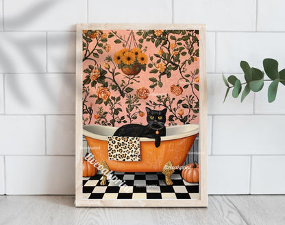 Black Cat In A Bathtub - Halloween Bathroom Art - Halloween Black Cat - Maximalist Halloween - Boho Halloween Decor - Pink Halloween