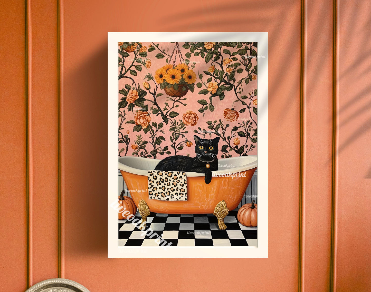 Black Cat In A Bathtub - Halloween Bathroom Art - Halloween Black Cat - Maximalist Halloween - Boho Halloween Decor - Pink Halloween