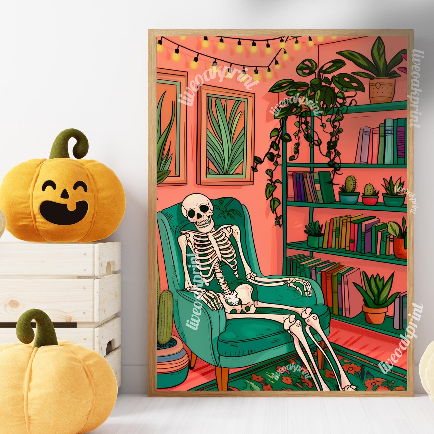 Skeleton In A Cozy Living Room - Boho Halloween Print - Cute Skeleton Print - Maximalist Skeleton Print - Eclectic Halloween Decor