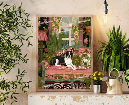 Boston Terrier Lounging on a Luxury Sofa