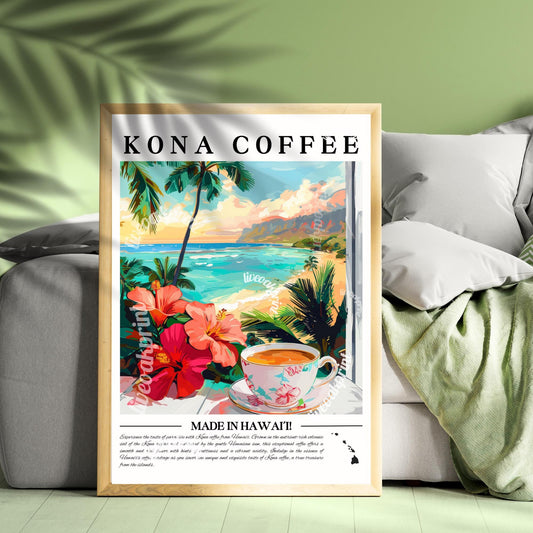 Hawai'i - Kona Coffee | Coffee Around The World Series | Hawaii Print - Hawaii Travel Poster - Tropical Coffee Print - Cafe Print