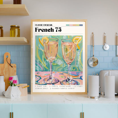 French 75 Print - French 75 Wall Art - Bar Cart Art - Classic Cocktail Prints - French 75 Wall Decor - Cocktail Print Set