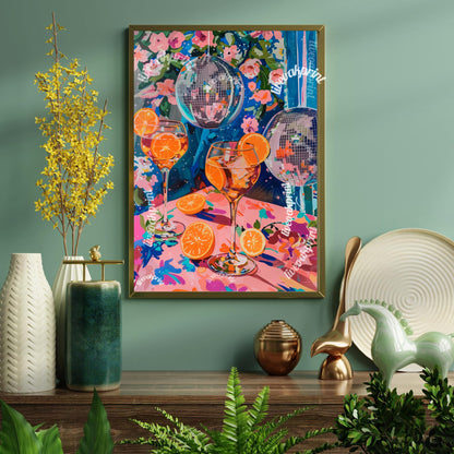 Aperol Spritz Disco - Aperol Spritz Wall Art - Aperol Spritz Bar Cart Decor - Kitchen Print - Disco Ball Decor