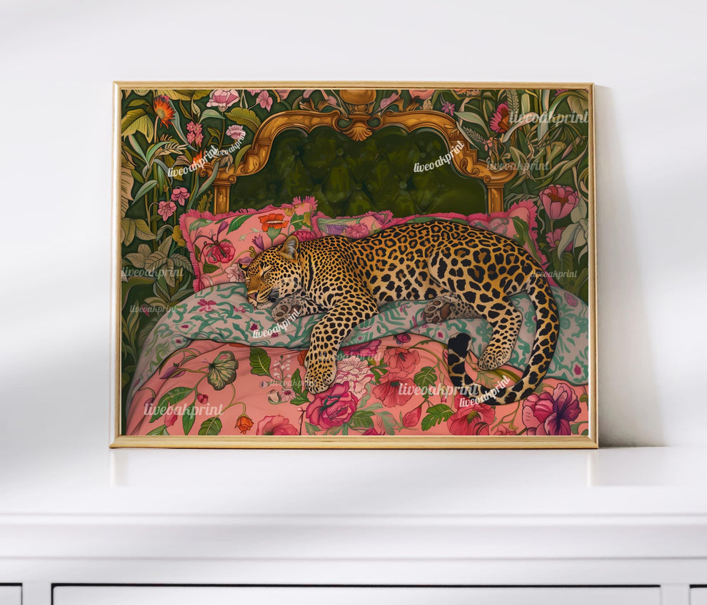 Olive Green Sleepy Leopard In a Vintage Bed